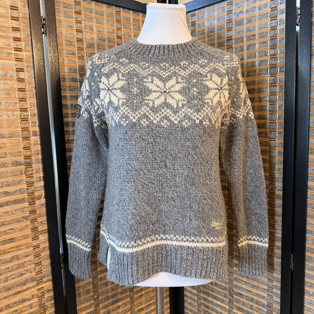 Superdry Knit Sweater Women M Grey Nordic Snowflake Rhinestone Fair Isle Sparkle